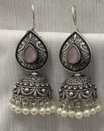 Antique Silver-Plated Jhumka Earrings with Colored Gemstone Accent - Image 6