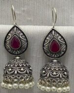 Antique Silver-Plated Jhumka Earrings with Colored Gemstone Accent - Image 5