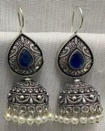 Antique Silver-Plated Jhumka Earrings with Colored Gemstone Accent