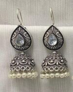 Antique Silver-Plated Jhumka Earrings with Colored Gemstone Accent - Image 4