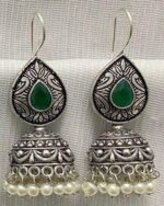 Antique Silver-Plated Jhumka Earrings with Colored Gemstone Accent - Image 2